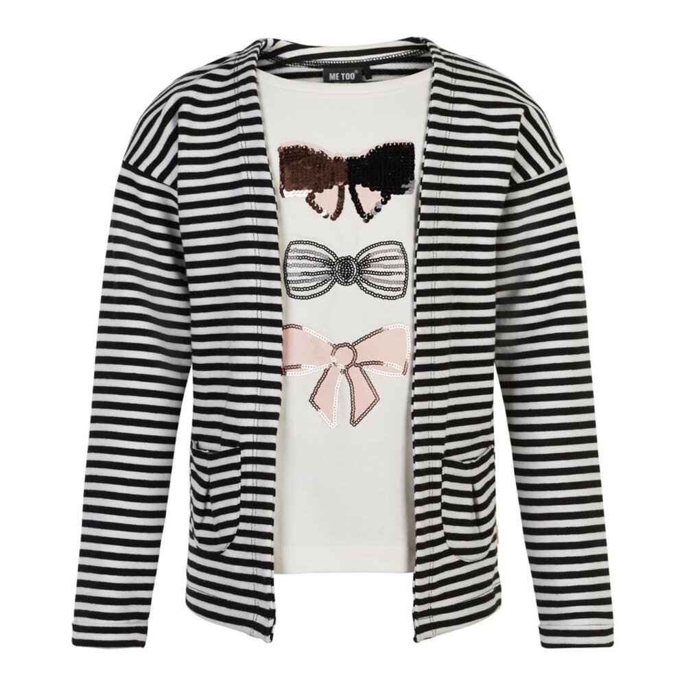 Striped Black and White T-shirt With Cardigan Overlay with Bow Design